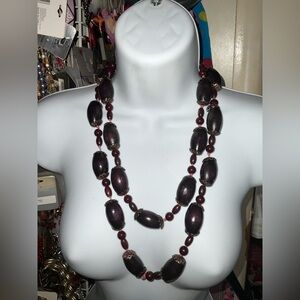 3 Elegant VINTAGE 50”L dark WOOD reddish purple oval & round beads goldtoned NOS